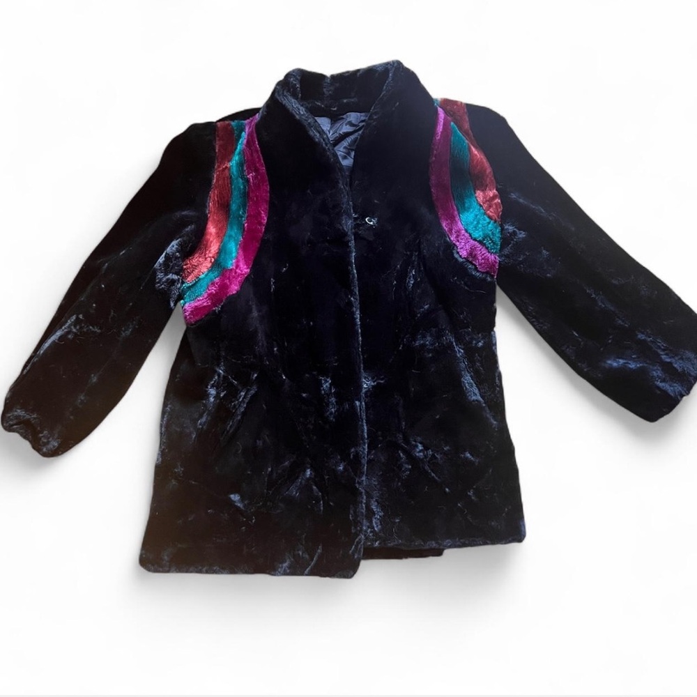 Vintage Black Faux Fur Union Made Coat with purple, green and brown stripes